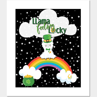 Llama Feeling Lucky - St. Patrick's Day Llama, Rainbow, Clouds & Stars Posters and Art